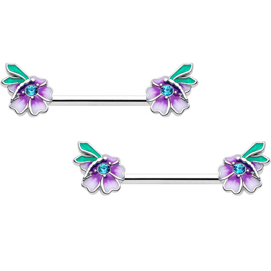 14G 9/16 Blue Gem Faerie Flower Purple Barbell Nipple Ring Set