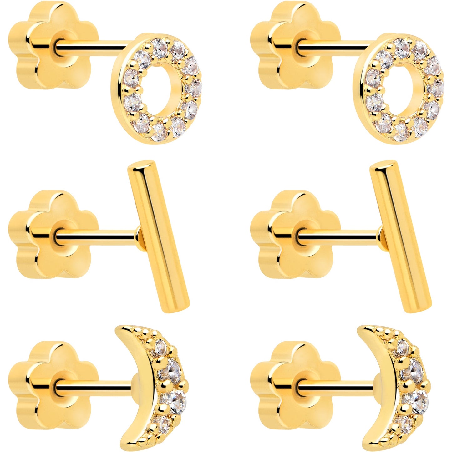 20G Clear CZ Gem Moon Circle Bar Reversible Flower Flat Back Earring Set of 6
