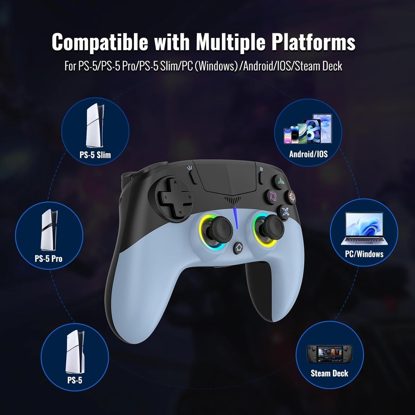 Wireless PS5 Controller with Hall Effect Sticks, RGB Lighting, Motion Control, Dual Vibration for PC