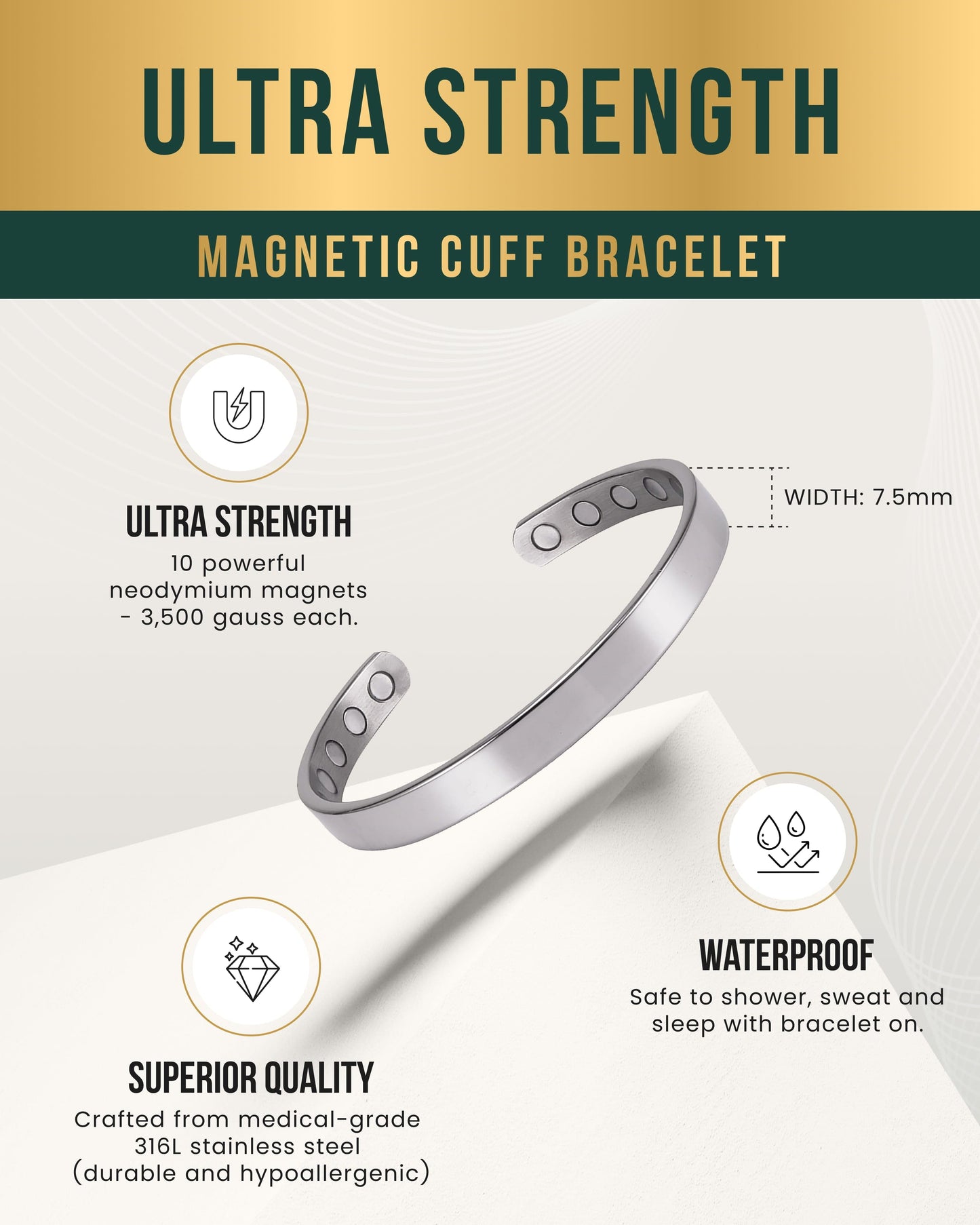 Men’s Magnetic Bracelet Cuff (Polished Silver)